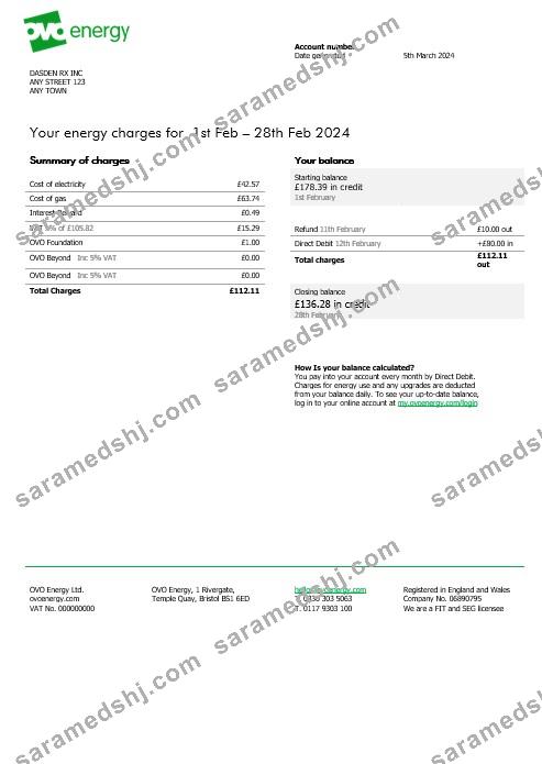 United Kingdom Ovo Energy electricity business utility bill, Word and PDF template